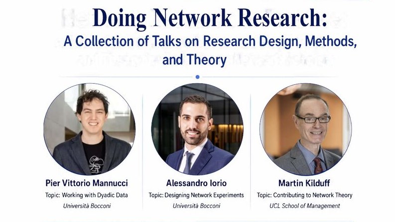Poster of Doing Network Research: A Collection of Talks on Research Design, Methods, and Theory, with portraits of Pier Vittorio Mannucci, Alessandro Iorio and Martin Kilduff